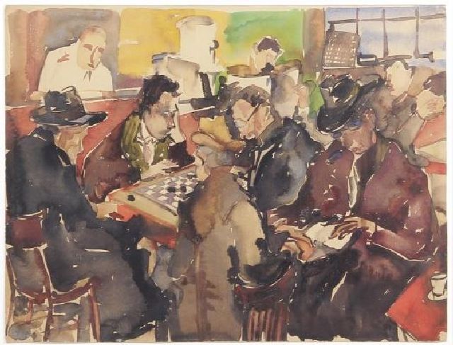 Albert E.  | Dammen in het café, aquarel op papier 37,3 x 49,3 cm