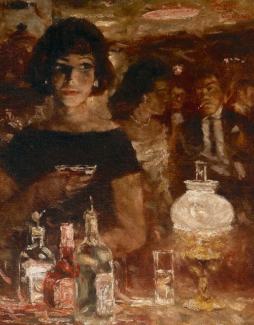 Rolf Dieter Meyer-Wiegand | Cocktail aan de bar, olieverf op paneel, 30,0 x 24,0 cm, gesigneerd r.b.