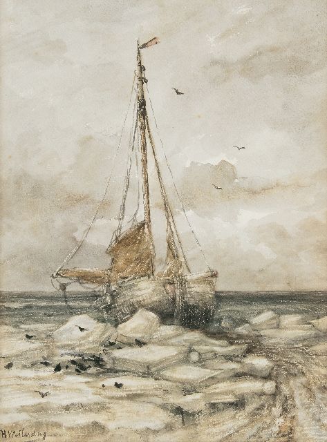 Mesdag H.W.  | Bomschuit op het strand tussen ijsschotsen, aquarel op papier 53,0 x 39,7 cm, gesigneerd l.o. en te dateren ca. 1891