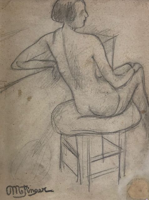 Metzinger J.D.A.  | Etude d'une femme nue assise; verso: Gitarist, potlood op papier 15,5 x 11,0 cm, gesigneerd l.o. en verso met kunstenaarsstempel
