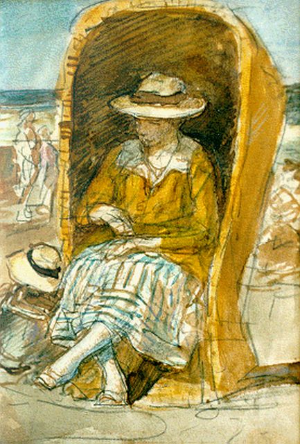 Jonge J.A. de | Vrouw in strandstoel op 't strand, gemengde techniek op papier 17,8 x 12,0 cm