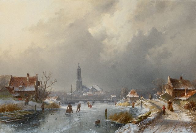 Leickert C.H.J.  | Winterlandschap met schaatsers en een koek-en-zopie, olieverf op doek 45,0 x 65,7 cm, gesigneerd l.o.