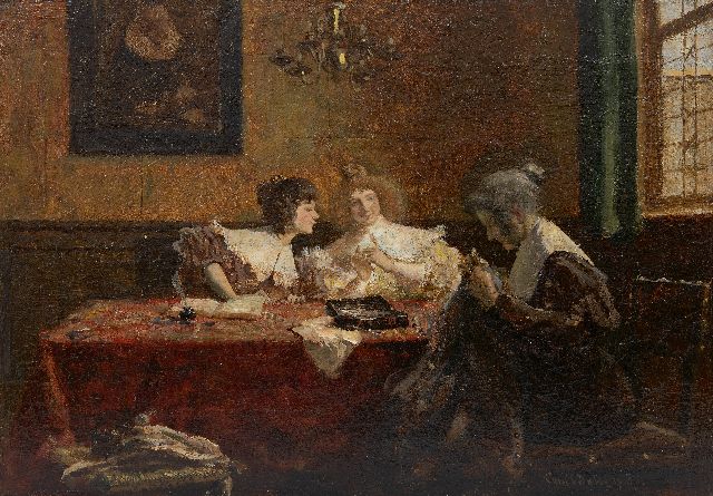 Dake C.L.  | Drie vrouwen in een interieur, olieverf op paneel 34,9 x 49,1 cm, gesigneerd r.o. en gedateerd 1908