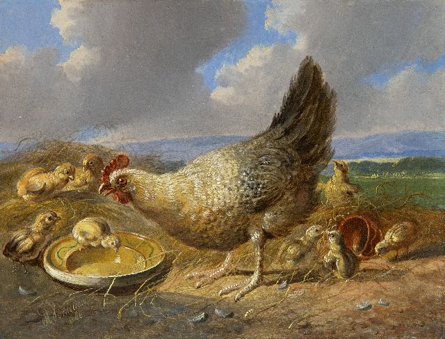 Verhoesen A.  | Hen met kuikens in weids landschap (tezamen met pendant), olieverf op paneel 14,5 x 19,3 cm, gesigneerd l.o. en gedateerd 1880