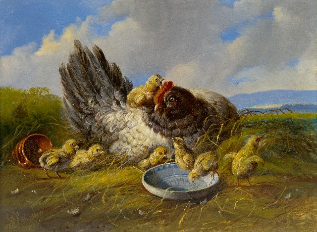 Verhoesen A.  | Hen met kuikens in een landschap (tezamen met pendant), olieverf op paneel 14,7 x 19,2 cm, gesigneerd l.o. en gedateerd 1880
