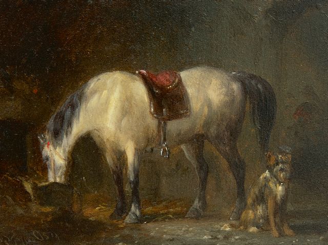 Pieter Frederik van Os | In de stal, olieverf op paneel, 9,1 x 12,2 cm, gesigneerd l.o.