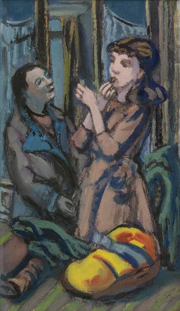 Fiedler O.H.  | Man en vrouw in een café, gouache op papier op board 64,8 x 39,7 cm, gesigneerd r.o.