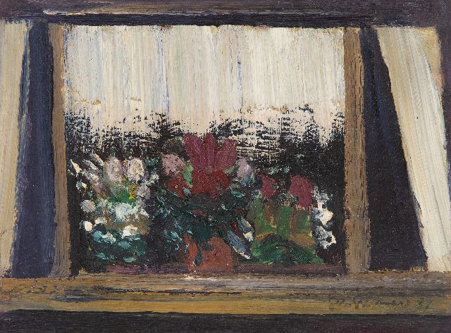 Gérard Grassère | Bloemen voor een raam, olieverf op board, 15,3 x 20,4 cm, gesigneerd r.o. en gedateerd '37