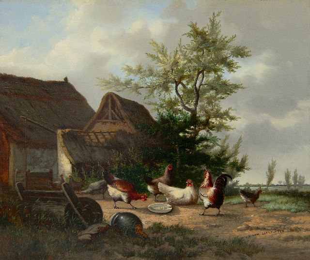 Leemputten J.L. van | Boerenerf met haan en kippen, olieverf op paneel 28,1 x 33,7 cm, gesigneerd r.o. en gedateerd 1863