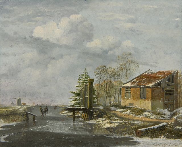 Cate H.G. ten | Schaatsers in een besneeuwd winterlandschap, olieverf op paneel 25,8 x 31,9 cm, gesigneerd r.o.