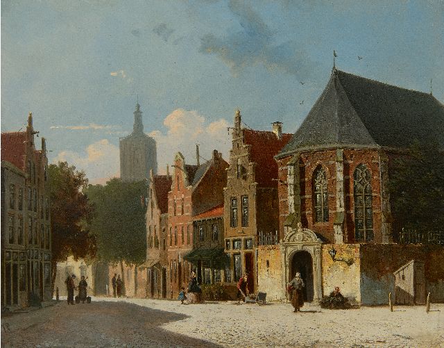 Frederik Roosdorp | De Groenmarkt te Den Haag met op de achtergrond de toren van de Grote Kerk, olieverf op paneel, 26,5 x 33,5 cm, gesigneerd l.o. met monogram