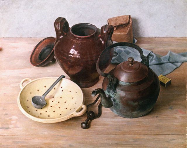 Jan van Tongeren | Stilleven van potten op houten tafel, olieverf op doek, 64,8 x 80,2 cm, gesigneerd l.b. en gedateerd '41