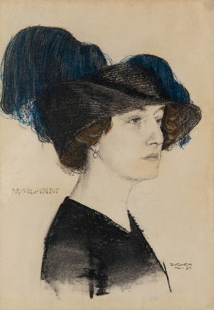 Piet van der Hem | Marianne met modieuze hoed, krijt op papier, 54,0 x 39,3 cm, gesigneerd r.o. en gedateerd mei 1912
