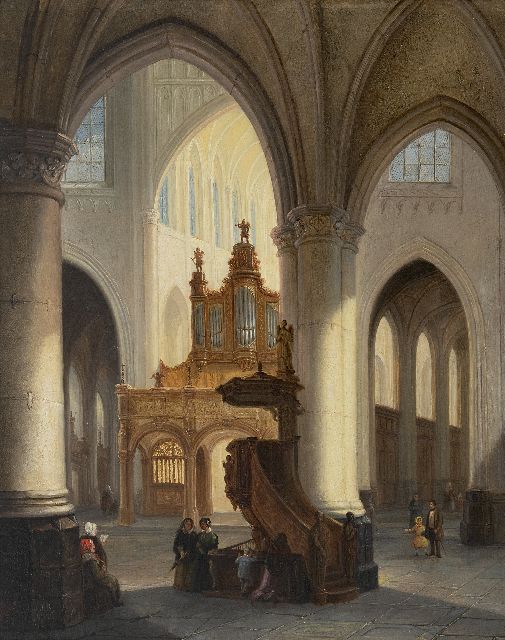 Tetar van Elven J.B.  | Kerkinterieur met figuren, olieverf op paneel 36,8 x 29,7 cm, gesigneerd l.o. met initialen en verso voluit
