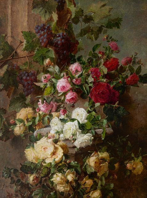 Haanen A.J.  | Stilleven met rozen en druiven, olieverf op doek 101,6 x 76,5 cm, gesigneerd r.o. en gedateerd 1874
