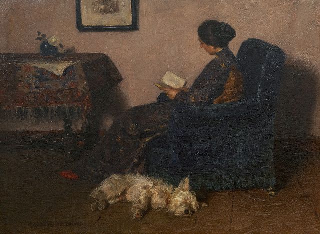 Zoetelief Tromp J.  | De vrouw van de schilder, lezend, met hun hond Billie, olieverf op doek 41,5 x 55,5 cm, gesigneerd l.o.