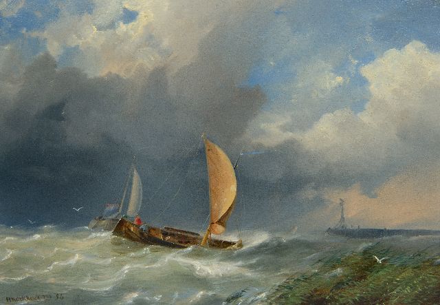 Hermanus Koekkoek jr. | Schepen in een storm bij haveningang, olieverf op paneel, 21,1 x 30,3 cm, gesigneerd l.o. en gedateerd '56