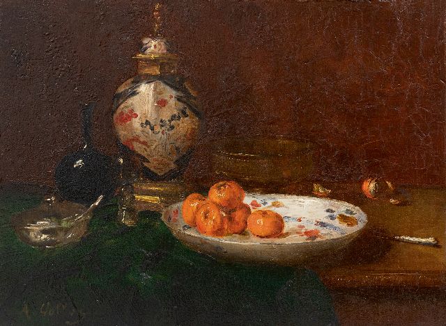 Vollon A.  | Stilleven met mandarijnen en Imari dekselvaas, olieverf op paneel 26,6 x 35,1 cm, gesigneerd l.o.