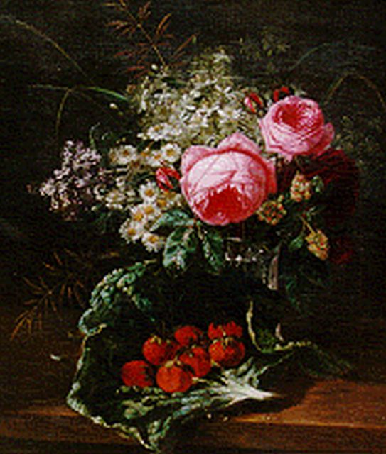 Huygens F.J.  | Stilleven met pioenrozen, veldbloemen en aardbeien, olieverf op doek 50,7 x 44,0 cm, gesigneerd r.o.
