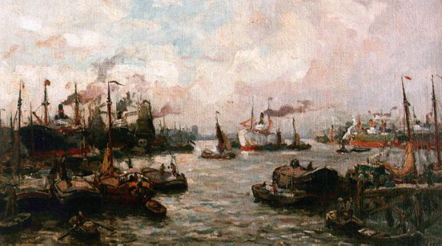Moll E.  | Bedrijvigheid in de Rotterdamse haven, olieverf op doek 24,3 x 40,8 cm, gesigneerd r.o.