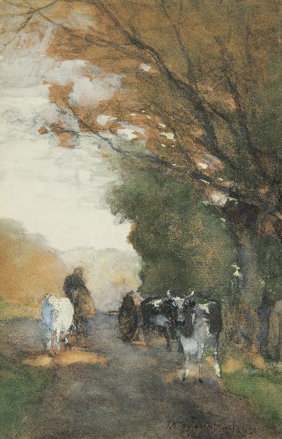 Weissenbruch H.J.  | Koeien op pad langs de bosrand, aquarel op papier 35,3 x 22,8 cm, gesigneerd r.o. en gedateerd '91