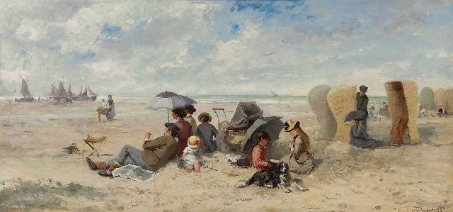 Kate J.M. ten | Familiedag op het strand van Scheveningen, olieverf op paneel 33,3 x 69,2 cm, gesigneerd r.o.