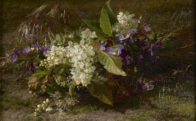 Gerardine van de Sande Bakhuyzen | Boeket met bloesemtakken en viooltjes op de bosgrond, olieverf op paneel, 22,9 x 36,3 cm, gesigneerd r.o.