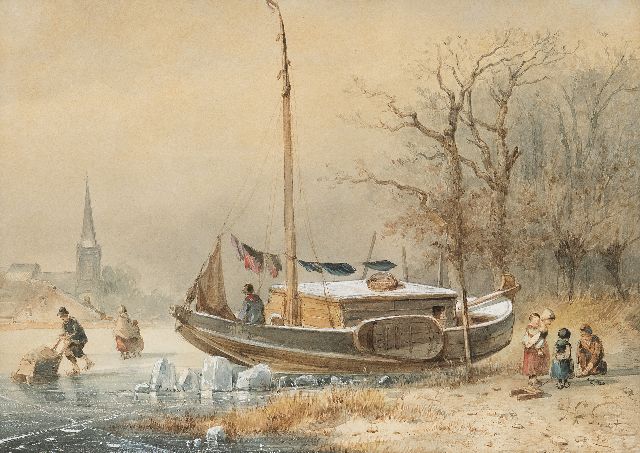 Smits J.G.  | Winterlandschap met vastgevroren boot, aquarel op papier 22,0 x 30,0 cm, gesigneerd r.o. en gedateerd '50