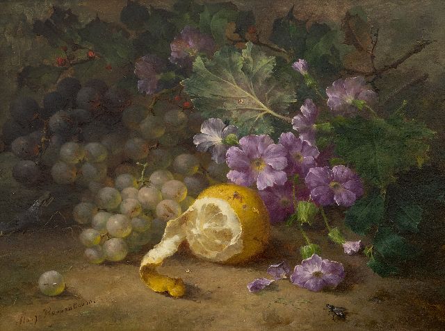 Roosenboom M.C.J.W.H.  | Stilleven met druiven, citroen en bloemen op de bosgrond, olieverf op paneel 29,5 x 40,1 cm, gesigneerd l.o.