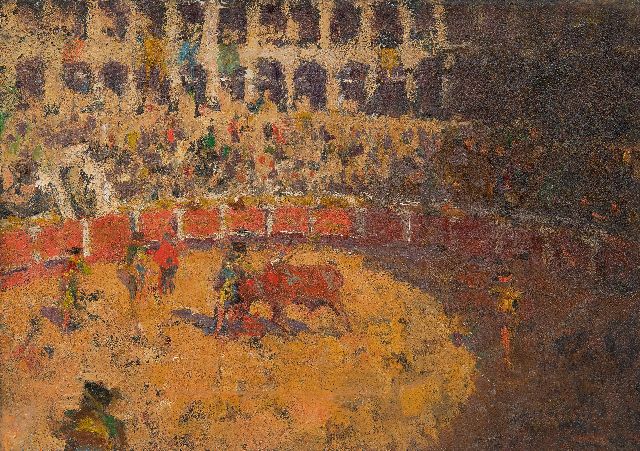 Europese School, begin 20e eeuw | Stierengevecht in de Arena las Ventas, Madrid, olieverf op doek, 24,5 x 34,3 cm, zonder lijst