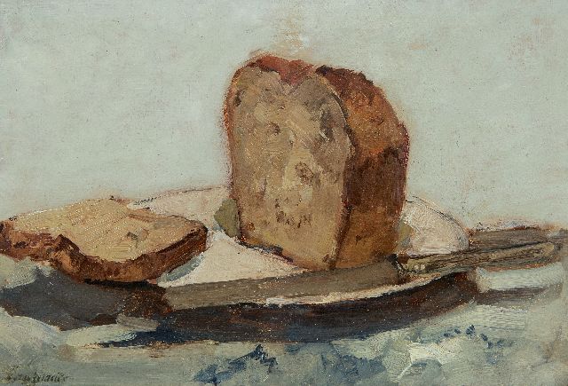 Windt Ch. van der | Stilleven met aangesneden brood, olieverf op schildersboard 21,4 x 31,6 cm, gesigneerd l.o.