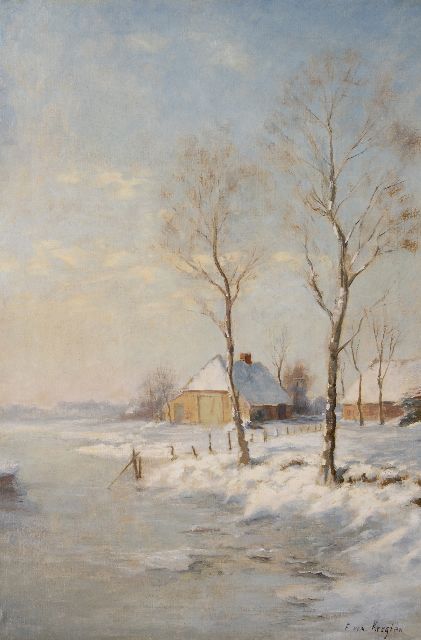 Kregten J.A.R.F. van | Boerderij in sneeuwlandschap, olieverf op doek 87,6 x 60,2 cm, gesigneerd r.o. en zonder lijst