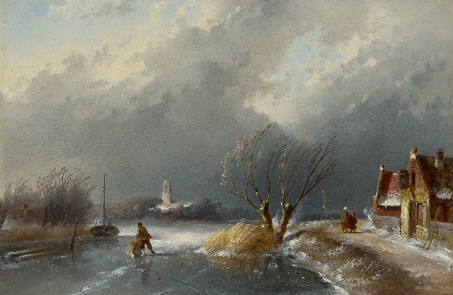 Leickert C.H.J.  | Winterlandschap met opkomende naderende sneeuwstorm, olieverf op paneel 23,0 x 34,9 cm, gesigneerd r.o.