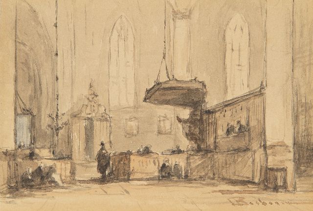 Bosboom J.  | Interieur van de Grote Kerk te Alkmaar, aquarel op papier 12,1 x 18,2 cm, gesigneerd r.o.