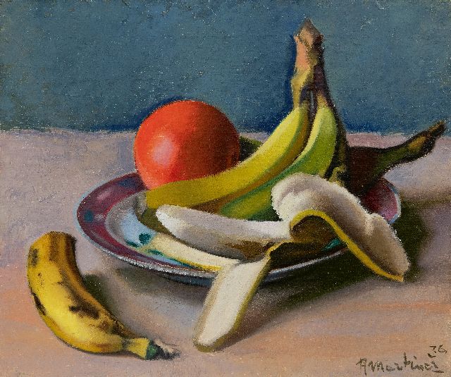 Martinez R.  | Stilleven met bananen en sinaasappel, olieverf op doek 35,3 x 42,3 cm, gesigneerd r.o. en gedateerd '36