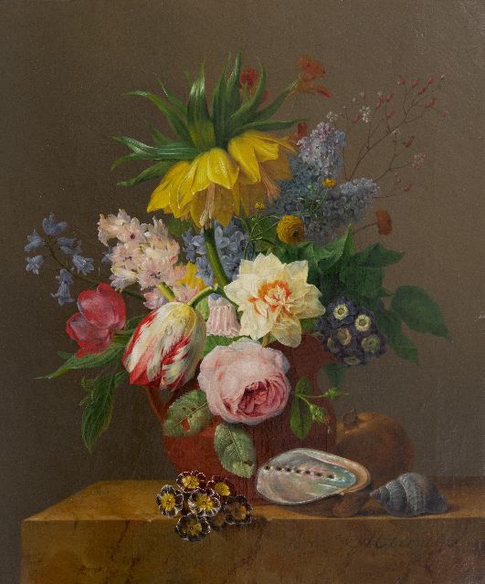 Oberman A.  | Stilleven met bloemen, granaatappel en schelpen op een marmeren plint, olieverf op doek 47,0 x 39,5 cm, gesigneerd r.o.