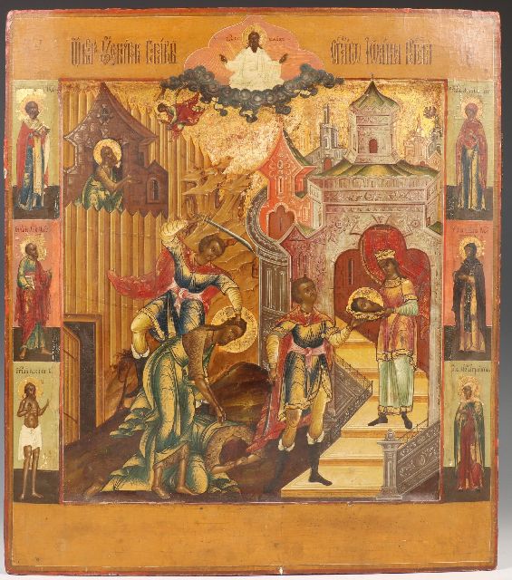 Ikoon | Russische ikoon. Het martelaarschap van Johannes, met zes randheiligen, hout, 40,0 x 35,0 cm, te dateren begin 19e eeuw