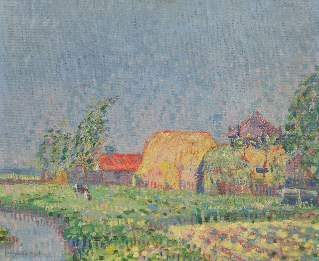 Louis Saalborn | Zomerlandschap met boerderij en hooibergen, olieverf op doek, 31,8 x 38,3 cm, gesigneerd l.o.