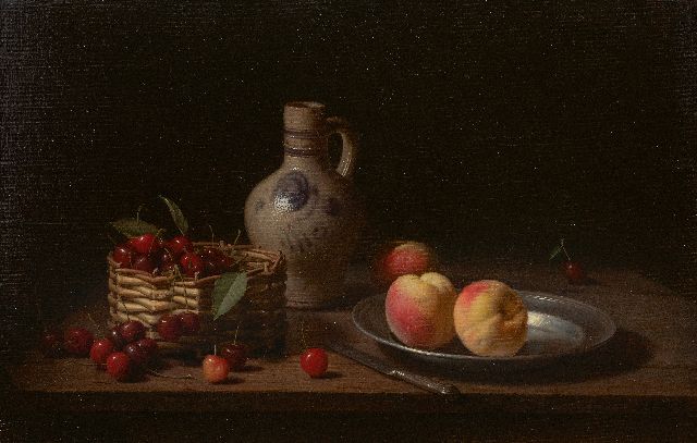 Eversen J.H.  | Stilleven met kersen in mand, kruik en perziken, olieverf op doek 40,8 x 61,0 cm, gesigneerd r.o. en gedateerd 1973