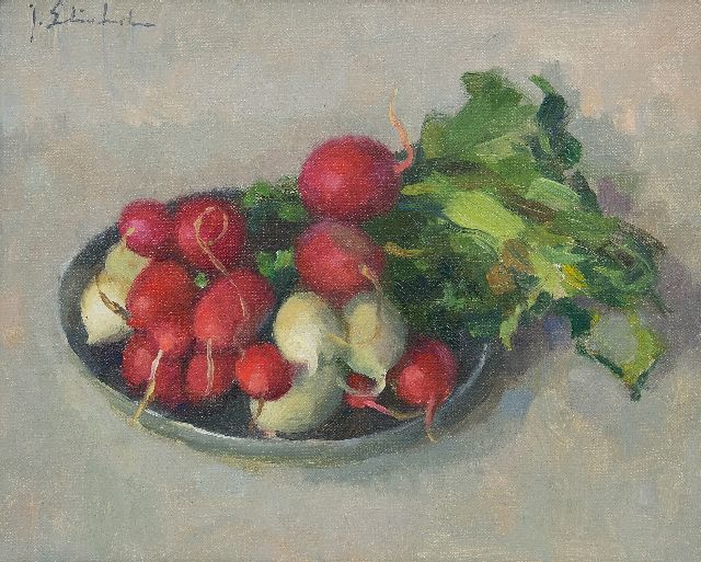 Joop Stierhout | Rode en witte radijs op een schotel, olieverf op doek, 20,1 x 25,3 cm, gesigneerd l.b.