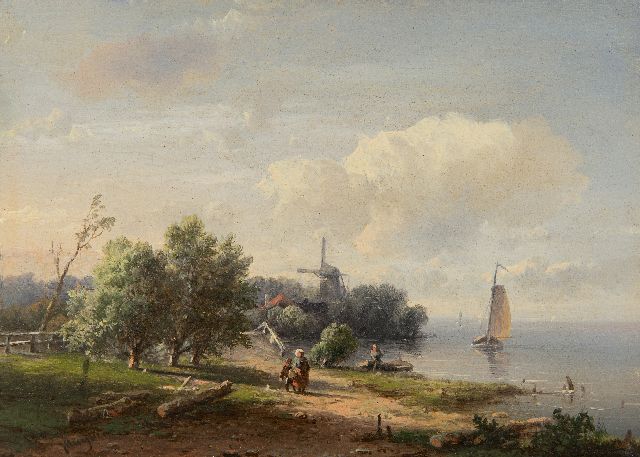 Kluyver P.L.F.  | Zomers landschap met figuren en molen langs het water, olieverf op paneel 13,2 x 18,5 cm, gesigneerd l.o.