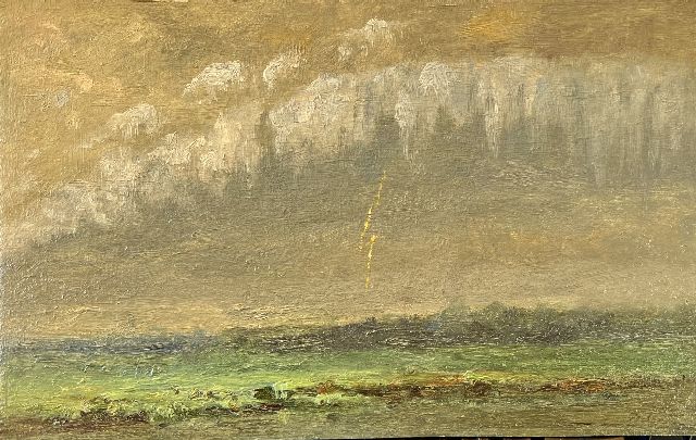 Europese School, 19e eeuw   | Onweer boven een weidelandschap, olieverf op schildersboard 20,4 x 31,8 cm, gesigneerd r.o. (vaag)