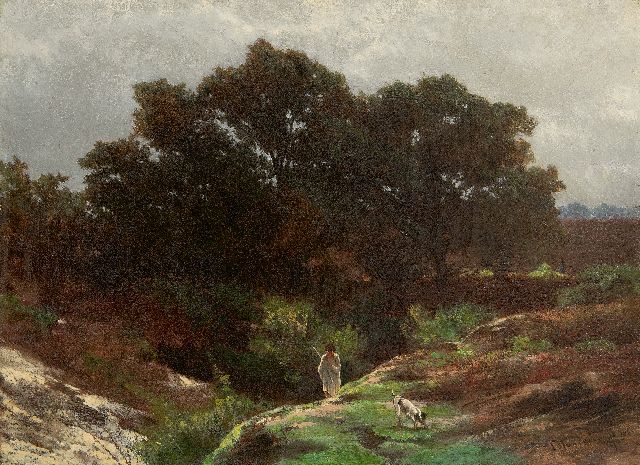 Louwrens Hanedoes | Herdersjongen met zijn hond in een heidelandschap, olieverf op doek, 25,4 x 34,2 cm, gesigneerd r.o. en verso met naamstempel en gedateerd 1863, zonder lijst