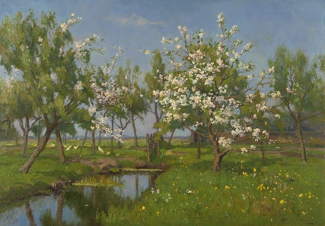 Beek B.A. van | Boomgaard in het voorjaar, olieverf op schildersboard 49,7 x 70,2 cm, gesigneerd r.o.