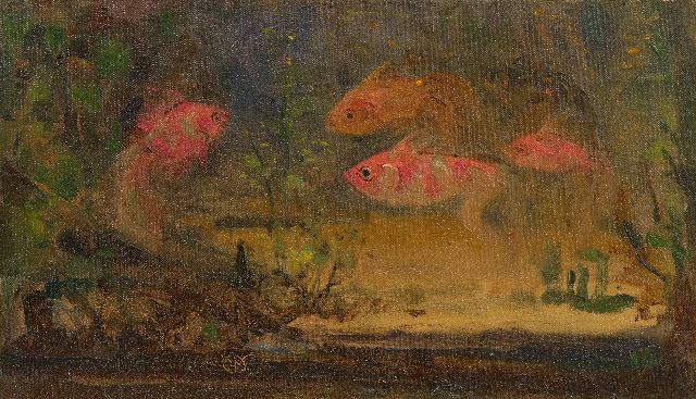 Dijsselhof G.W.  | Sluierstaartvissen, olieverf op doek op board 19,1 x 31,6 cm, gesigneerd l.o. met monogram