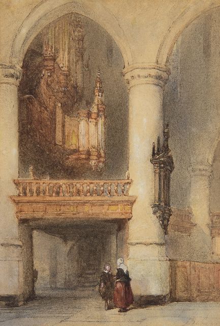 Johannes Bosboom | Interieur van de Oude Kerk in Delft, krijt en aquarel op papier, 28,2 x 19,5 cm, gesigneerd r.o. en ca. 1855