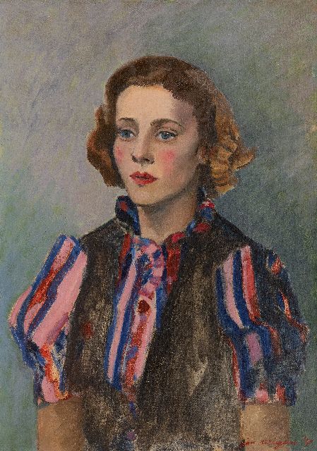 Wiegers J.  | Vrouw in gestreepte blouse, olieverf op doek 65,1 x 46,1 cm, gesigneerd r.o. en gedateerd '40
