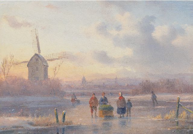 Carl Eduard Ahrendts | Figuren op het ijs bij zonsondergang, olieverf op paneel, 14,7 x 21,0 cm, zonder lijst