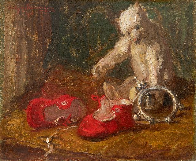 Nieuwenhoven W. van | Stilleven met beer, rammelaar en rode schoentjes, olieverf op doek 30,0 x 35,9 cm, gesigneerd l.b. en gedateerd 1914