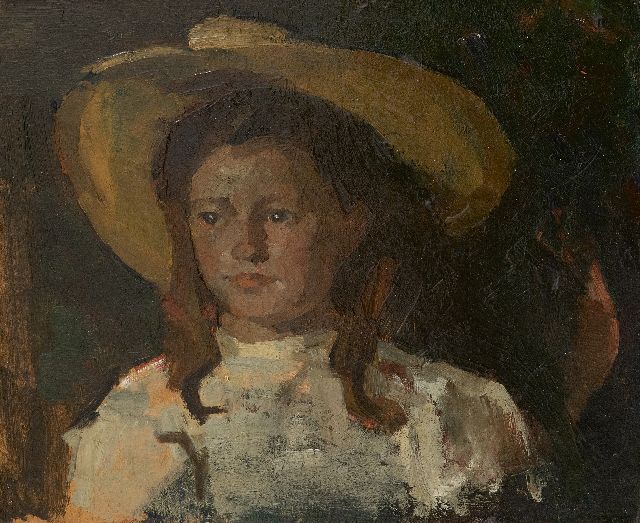 Fritzlin M.C.L.  | Fokeltje met gele hoed, olieverf op board op paneel 31,7 x 36,7 cm, te dateren 1908
